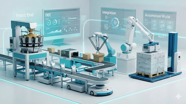 Integrated automated packaging line showing multi-head weigher and robotic palletizer