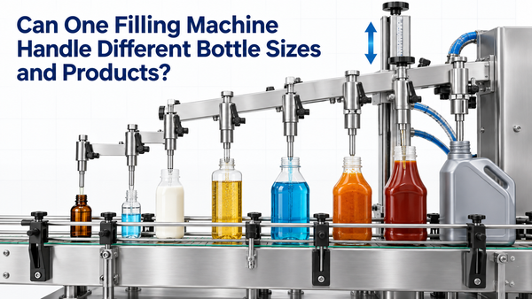 Adjustable filling machine handling different bottle sizes and products