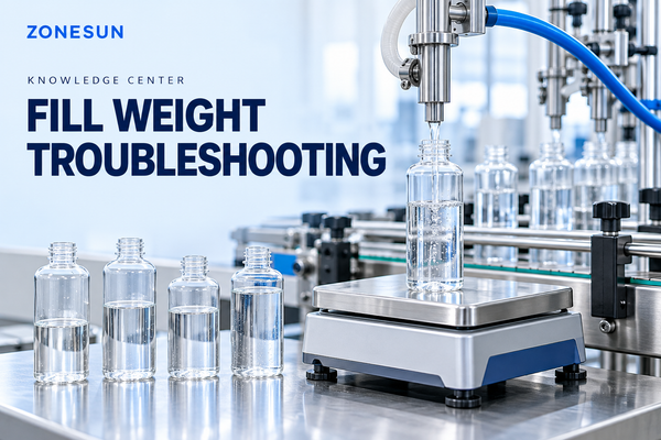 Liquid filling nozzle, bottle samples and a balance for fill-weight troubleshooting