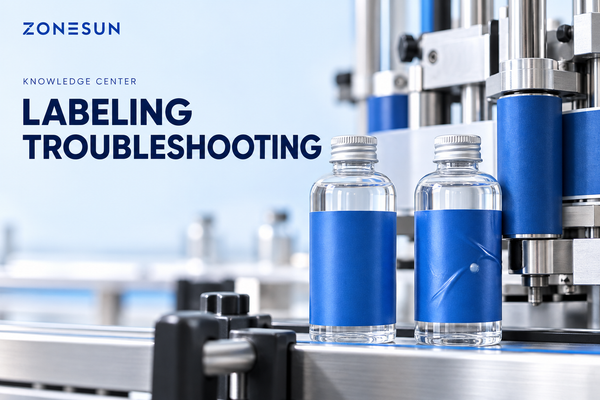 Bottle labels and applicator rollers illustrating wrinkles, bubbles and alignment checks