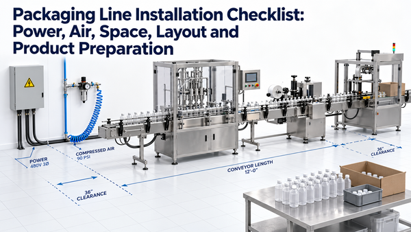 Packaging line installation checklist covering power, compressed air, space, layout and product preparation