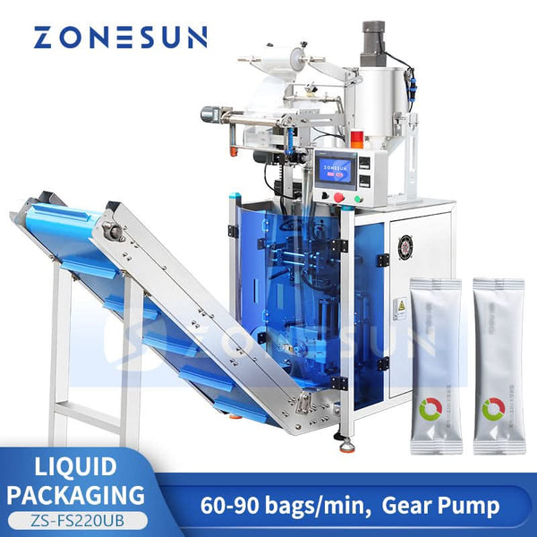 ZONESUN ZS-FS220UB High Speed Liquid Form Fill Seal Machine with Conveyor Belt for Juice Sauce Sachet Pouch