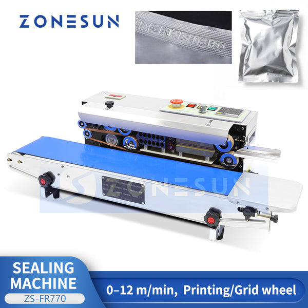 ZONESUN ZS-FR770 Continuous Foil Bag Sealing Machine with Date Coding Printer Conveyor Band Sealer