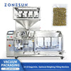 ZONESUN ZS-AFS015 fully automatic premade pouch vacuum packaging machine with granule weigher, 3-chamber sealing, stainless steel
