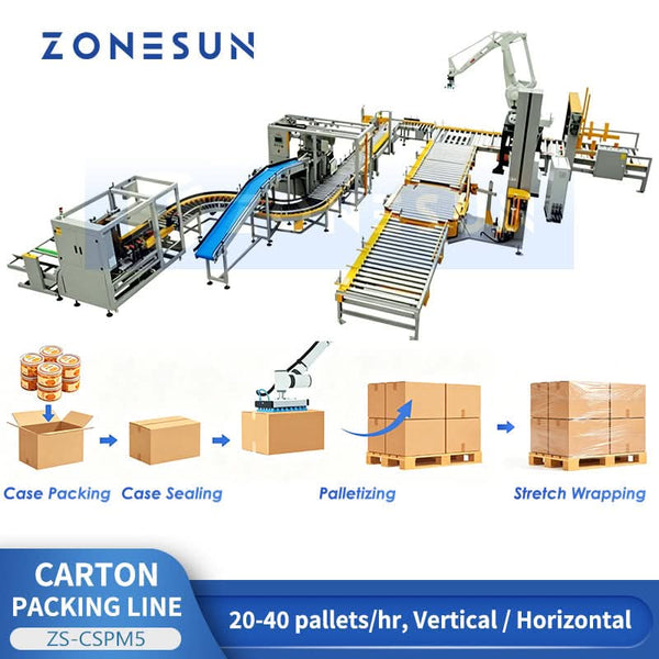 ZONESUN ZS-CSPM5 Automatic End-of-Line Packaging Solution Integrated Case Erecting Grouping Sealing Robotic Palletizing Stretch Wrapping Line