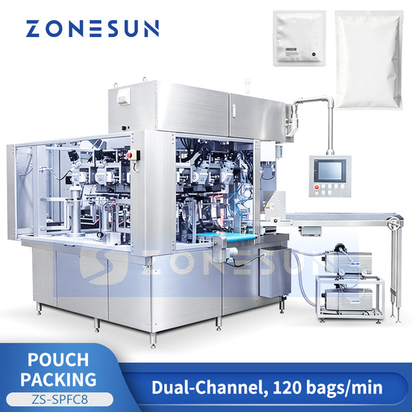 ZONESUN ZS-SPFC8 Dual-Lane Premade Bag Packaging Machine | 120 Bags/min Stand-Up Zipper Pouch