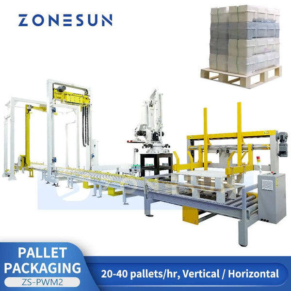 ZONESUN ZS-PWM2 Fully Automatic End-of-Line Packaging System Robotic Palletizer Strapping Stretch Wrapping Labeling Integrated Solution