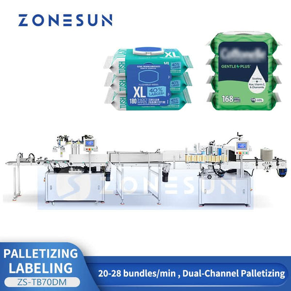 ZONESUN ZS-TB70DM Dual Lane Bag Palletizing and Labeling Machine Twin Conveyors Robotic Arms