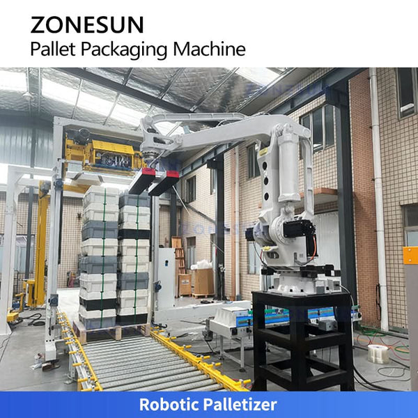 ZONESUN ZS-PWM2 Fully Automatic End-of-Line Packaging System Robotic Palletizer Strapping Stretch Wrapping Labeling Integrated Solution