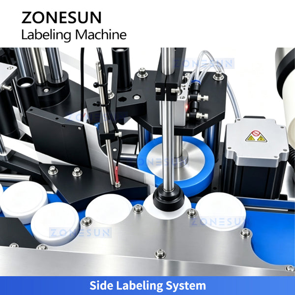 Side labeling system for round containers