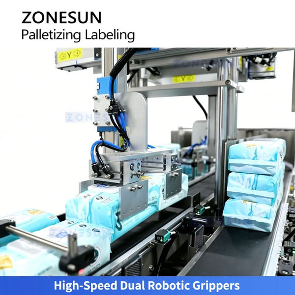 ZONESUN ZS-TB70DM Dual Lane Bag Palletizing and Labeling Machine Twin Conveyors Robotic Arms
