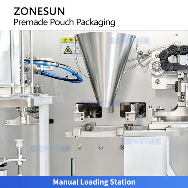 Manual product loading station on premade pouch machine