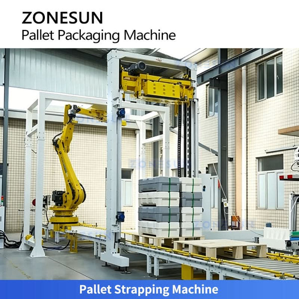 ZONESUN ZS-PWM2 Fully Automatic End-of-Line Packaging System Robotic Palletizer Strapping Stretch Wrapping Labeling Integrated Solution