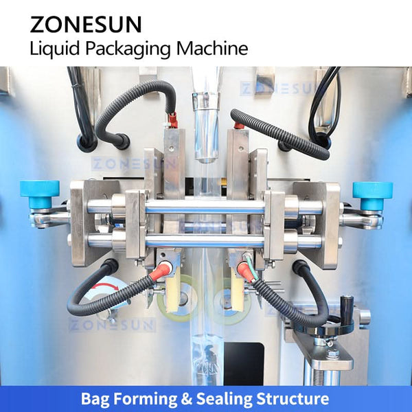 ZONESUN ZS-FS220UB High Speed Liquid Form Fill Seal Machine with Conveyor Belt for Juice Sauce Sachet Pouch