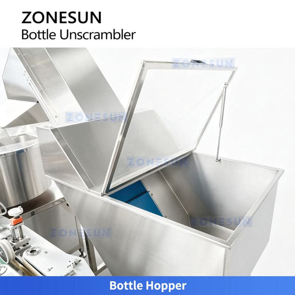 ZONESUN ZS-LP300 Bottle Unscrambler – Unscrambling Disc and Hopper Detail
