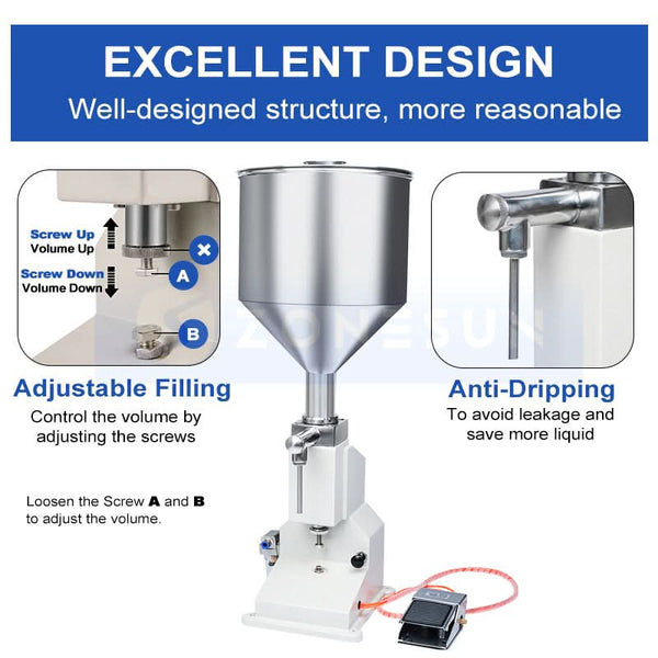 ZONEPACK Pneumatic A02 NEW Ручная разливочная машина (5 ~ 50 мл) для машины для розлива крема, шампуня, косметической жидкости 