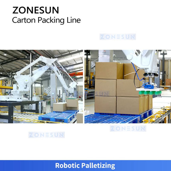 ZONESUN ZS-CSPM5 Automatic End-of-Line Packaging Solution Integrated Case Erecting Grouping Sealing Robotic Palletizing Stretch Wrapping Line
