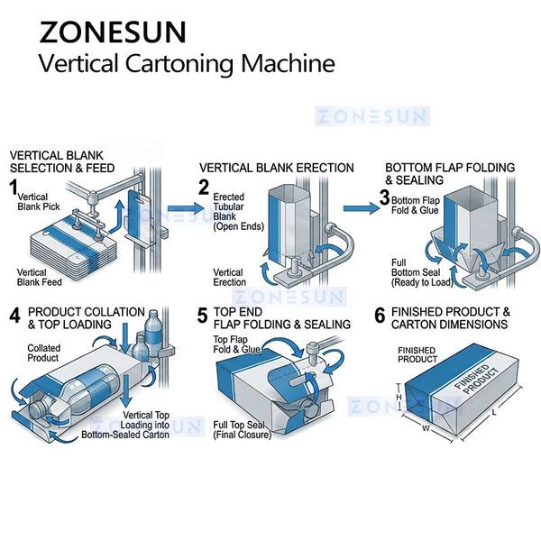 ZONESUN ZS-MSZH60 Automatic Top Loading Vertical Cartoning Machine Cartoner for Vials Bottles Secondary Packaging Solution