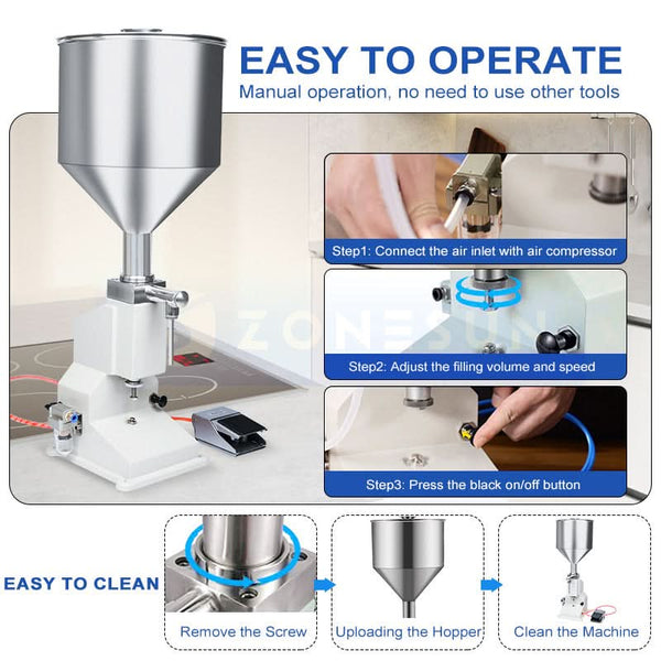 ZONEPACK Pneumatic A02 NEW Ручная разливочная машина (5 ~ 50 мл) для машины для розлива крема, шампуня, косметической жидкости 