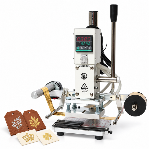 ZONESUN ZS-90A Manual Hot Foil Stamping Machine for Leather Paper and PVC with material application samples