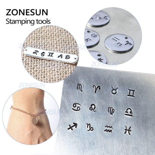 ZONESUN  12PCS Leather Stamp Jewelry Metal Stamps Symbols Leather Stamping Tools  For Bracelet Necklace