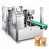ZONESUN ZS-BZJ10P Automatic Rotary Pouch Filling and Sealing Machine — machine with application materials on white background