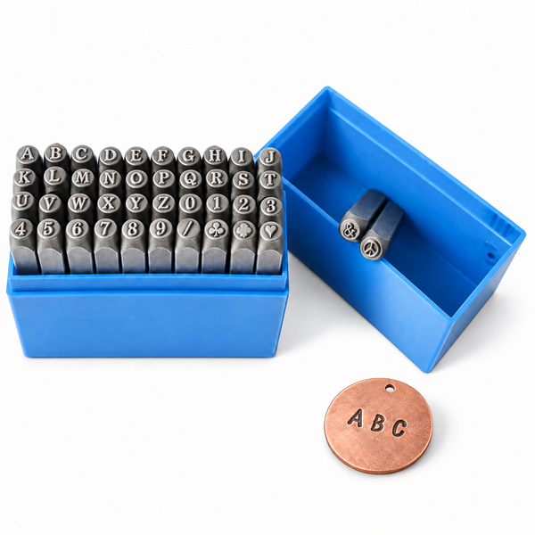 ZONESUN Metal Letter & Number Stamp Sets for Leather, Wood & Metal — product and application materials on white background