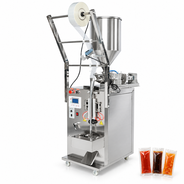 ZONESUN ZS-GFGT50 Automatic Paste Sachet Machine for Chili Oil, Ketchup, Soy Sauce & Honey — product and application materials on white background