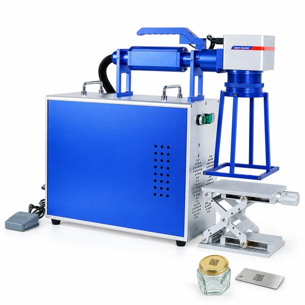 ZONESUN ZS-JG20C Handheld Fiber Laser Engraver for Metal, Plastic & Leather — product and application materials on white background