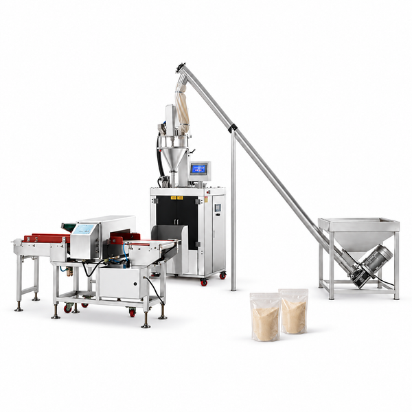 ZONESUN ZS-PFSL1 Powder Filling Sealing Machine with Metal Detector — product and application materials on white background