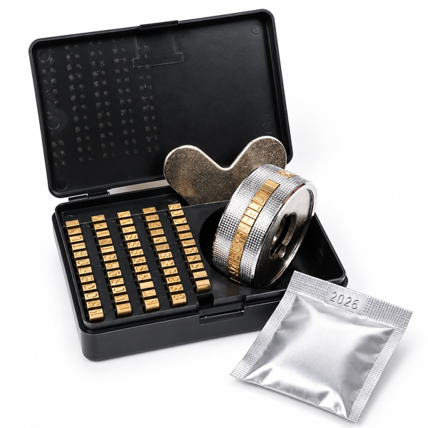 ZONESUN Brass Letter & Number Set for FR-770/FR-900 Band Sealers — product with application materials on white background