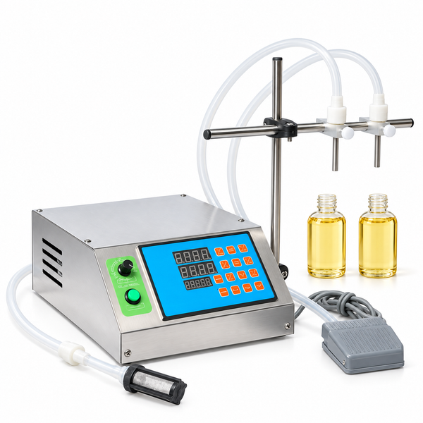 ZONESUN Digital Pump Liquid Filler for Juice, Oil, Perfume & Cosmetics — product with application materials on white background