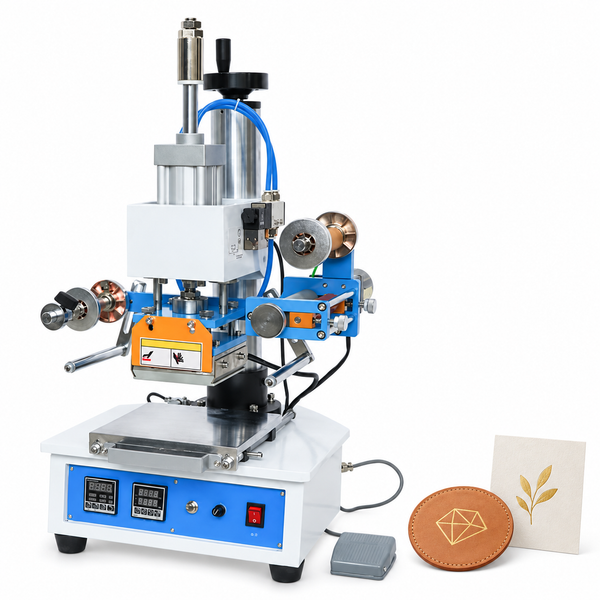 ZONESUN ZY-819H Pneumatic Hot Foil Stamping Machine with Automatic Feed with application samples on white background