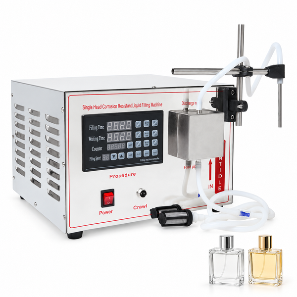 Zonesun GZ-YG1 Magnetic Pump Liquid Filling Machine for Alcohol & Perfume with application samples on white background