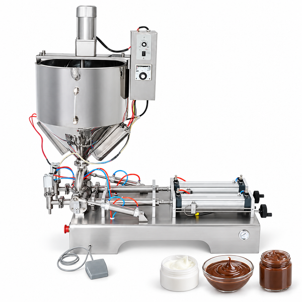 ZONESUN Pneumatic Paste Filling Machine with 30L Heated Mixing Hopper with application samples on white background