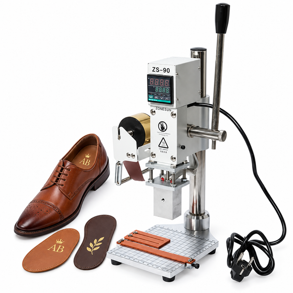 ZONESUN ZS-90C Manual Hot Foil Stamping Machine for Leather Shoe Logos — machine with application samples on white background; samples illustrate applications