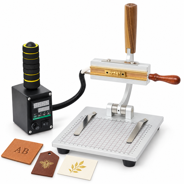 ZONESUN ZS-90ZM Hot Foil Stamping Machine for Leather, Paper & PVC — machine with application samples on white background; samples shown for application illustration
