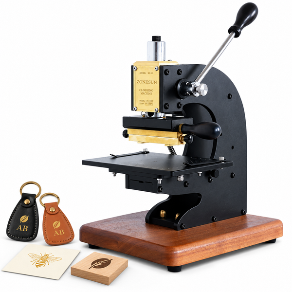 ZONESUN ZS-MA90 Hot Foil Stamping Machine with Infrared Positioning for Leather, Wood & Paper — machine with application samples on white background; samples shown for application illustration