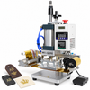 ZONESUN ZS-QS90 Pneumatic bronzing machine Leather Hot Foil Stamping Machine Counter Function Leather Embossing Estampadora — machine with application samples on white background; samples illustrate applications