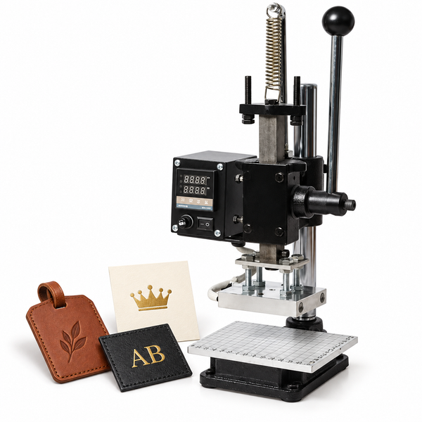ZONESUN Multifunctional Manual Hot Foil Stamping Press for Leather & Paper — machine with application samples on white background; samples shown for application illustration