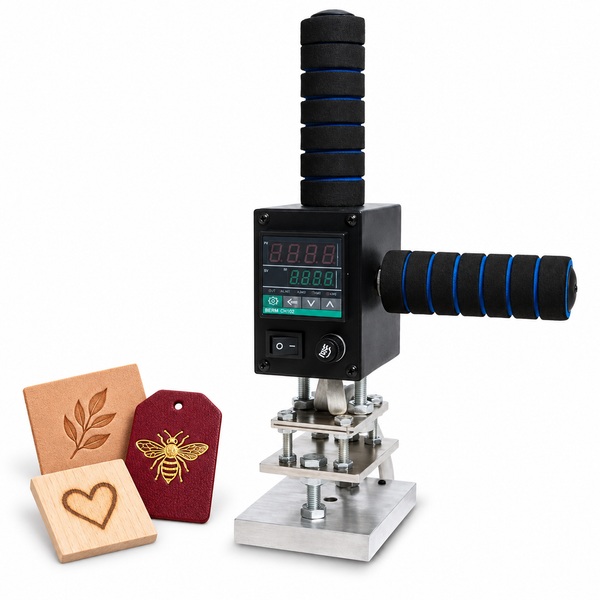 Zonesun H810 Leather Handheld Hot Foil Stamping Machine Wood Embossing — machine with application samples on white background; samples illustrate applications